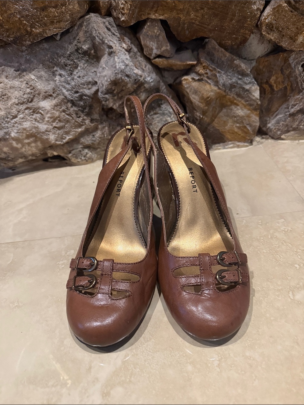 Report Brown Leather Slingback Pumps with Double Buckle